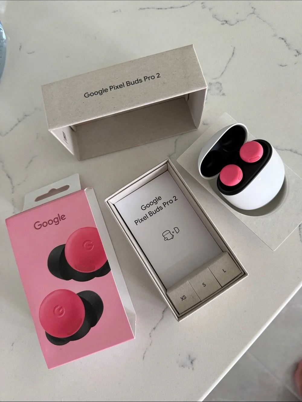 Google Pixel Buds Pro 2 Pink Earbuds with White Case and Packaging